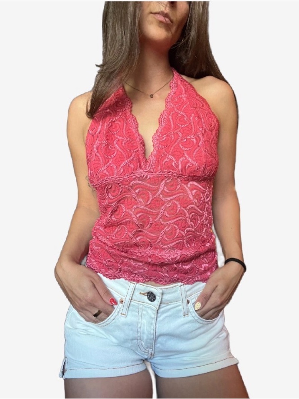 Bebe Pink Lace Halter Top Y2K Sz L